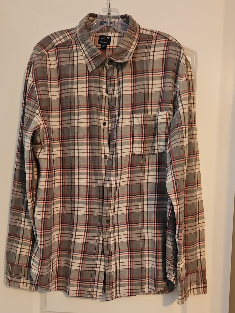 J. Crew Gray and Cream Plaid Button-Down Shirt with Red Trim